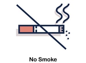 Illustration avec une cigarette allumée barrée, avec inscription "no smoke"
