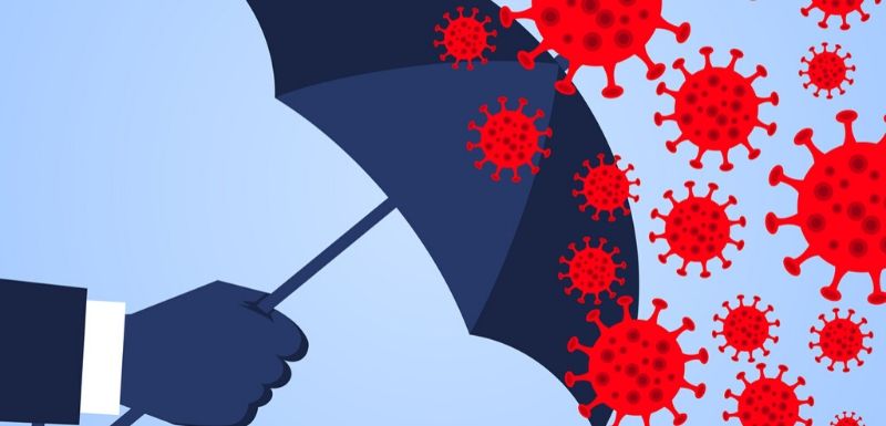 Illustration d'un bras bleu foncé qui tient un parapluie bleu foncé pour se défendre du coronavirus