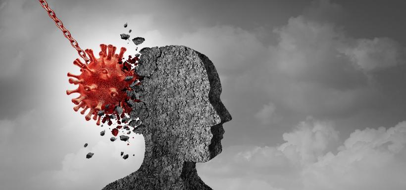 alzheimer-virus-herpes-bacterie-buccale-role Un virus rouge percutant une tête de pierre, symbole de l’atteinte du cerveau