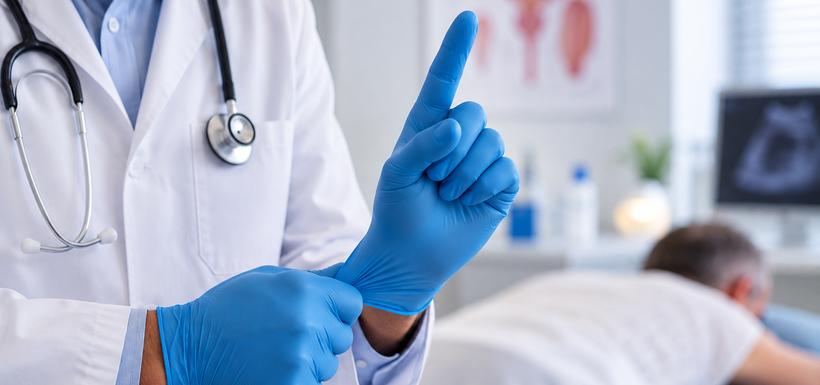 cancer-prostate-toucher-rectal Un médecin enfilant un gant bleu avant un examen de la prostate