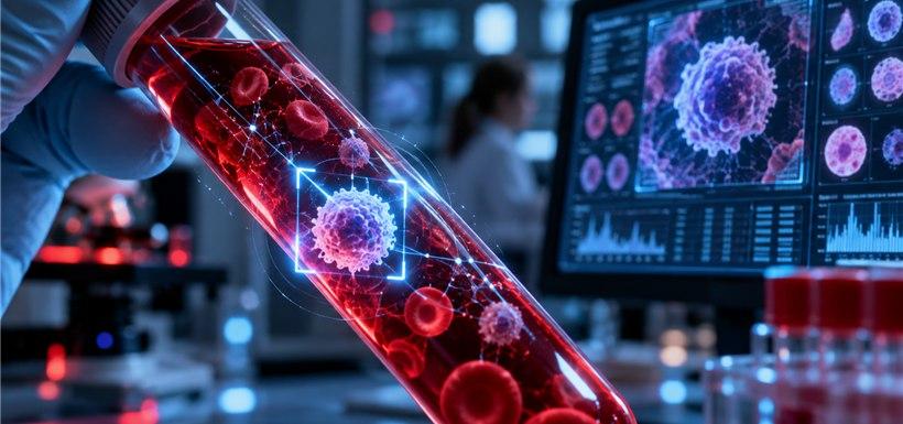 prise-de-sang-intelligence-artificielle-leucemie Un tube de sang tenu par une main gantée devant un écran montrant des cellules analysées par IA