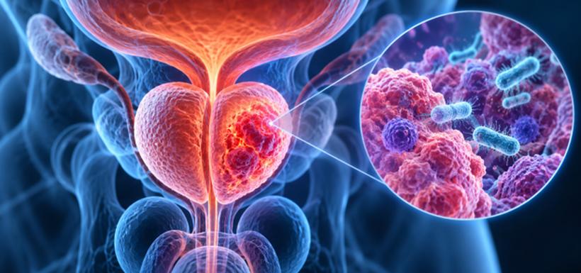 microbiote-intratumoral-prostate Illustration d’une prostate avec un agrandissement de bactéries dans la tumeur